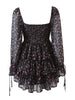 Women Sexy Cross Bandage Black Flower Print Puff Long Sleeve Dress 3 Layer Wood Ears Ruffles Hem Cake Mini Holiday Robe