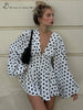 Polka Dot Puff Sleeve Dress Women's V-neck Waist Cinching Pleated Mini Dresses Spring Lady Elegant Casual Wear