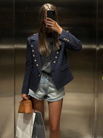 Slim Fit Women Striped Cropped Suit Jacket Notched Lapel Double Breasted Metal Buttons Vintage Military Blazer Fall Outerwear