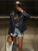 Slim Fit Women Striped Cropped Suit Jacket Notched Lapel Double Breasted Metal Buttons Vintage Military Blazer Fall Outerwear