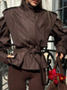 Women Solid Lace Up Lapel Jacket Casual Full Sleeve Wide Shoulder Waist Cinching Coats Autumn Office Commute Outwear