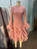 Women's Irregular Pleated Patchwork Long Flare Sleeve Waist Cinching Midi Dresses Female Clothing