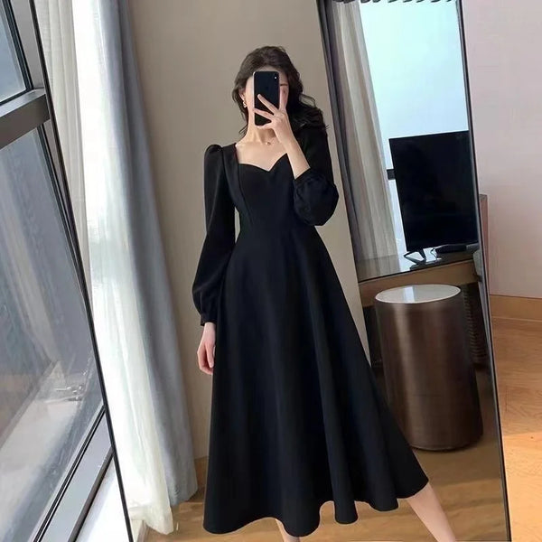 Long Puff Sleeve Solid Elegant Dress Women Clothing Wedding Guest Year Women High Waist Slim Evening Party Dresses