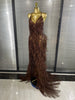 Sparkly Rhinestones Tassel Sheer Dress for Women Sexy V Neck Birthday Celebrate Event Outfit Singer Show Wear Photo Shoot Dress