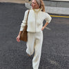 Casual Solid Knit Top Pants Set Women Stand Collar Full Sleeve Sweater Wide Leg Trousers Sets Autumn Lady Suit