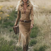 Western Retro Solid Suede Spliced Tassel Dress Woman Sexy Hollow Zipper Lapel Party Dress Autumn Long Sleeve Slim Bodycon Dress