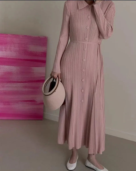 Pleated Long Sleeved Single Breasted Bud Cardigan Dress Ear Belt Women Thai Elegant Causal Designer Clothing