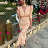 Elegant Printed V-Neck Long Dress Female High Waist Bandage Slim Contrast Party Dress Evening Women's Lace-Up Maxi Dress