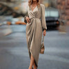 Elegant Cross-Neck Pleated Slit Dress - Puff Sleeve Asymmetrical Long Sleeve Gown for Women