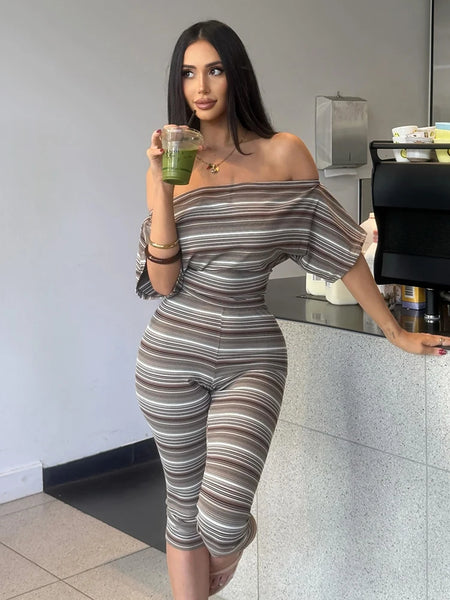 Stripes Print 2 Piece Set Women Slash Neck Half Sleeve Crop T-Shirt+Capri Pants Casuals Chic Street Sport Suits