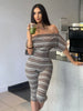Stripes Print 2 Piece Set Women Slash Neck Half Sleeve Crop T-Shirt+Capri Pants Casuals Chic Street Sport Suits
