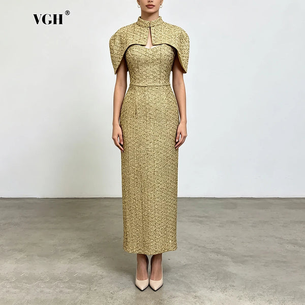 Elegant Two Piece Set For Women Multi Color Tweed Cape Collar Heart Neck Ruched Waist Bodycon Maxi Skirt For Banquet Party