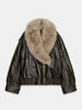 Ladies Winter Retro Fur Collar Leather Jacket V‑Neck Full Lapel Long Sleeve Double Breasted Urban Warm Casual Outer