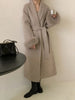 Elegant Lace Up Woolen Short Coat Solid Loose Lapel Furry Long Sleeve Belt Waist Jacket Spring Autumn Lady Chic Cardigan