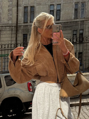 Women Retro Suede Lapel Zippered Short Jackets Full Sleeves Pocket Loose Short Coat Spring Lady Daily Commute Outwear