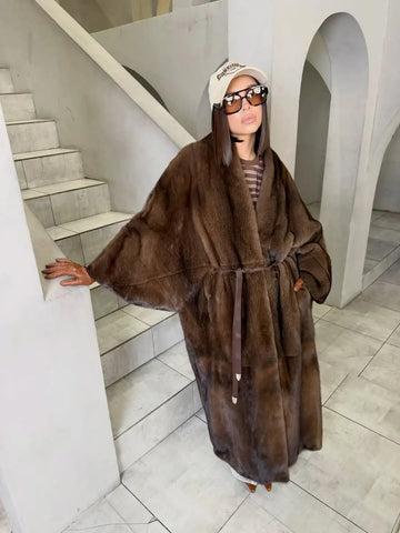 Casual Brown Faux Fur Long Coat Women's Lapel Long Sleeved Fluffy Waist Tie Loose Coats Women's Winter Daily Warm Chic Overwear