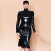 Women Black Shiny Faux Leather Plus Size Mid Dresses Ladies Long Glossy PU Dress Casual Party Clubwear Dress