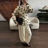 Elegant Dot Shirt Skirts Suit Women Long Puff Sleeve Button V-neck Jacket Mini Skirt Spring Chic 2 Pieces Set Lady
