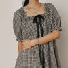 Women Gingham Plaid Mini Dress y2k Babydoll Short Dress Puff Sleeve Square Neck Cute Silky Bow Tied Loose Dresses