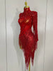 Sparkly Rhinestones Tassel Sexy See-Through Dress Women One Shoulder Latin Dance Outfits Bars Nightclub Party Stage Costume