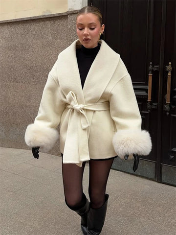 Fox Fur Woolen Women's Autumn Coat Patchwork Double-Sided Wool Overcoat Elegant Office Commuter Jacket