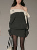 Vintage Off Shoulder Knit Dress Women Autumn Winter Sweet Style Long Sleeve Bow Design Dress Thick Warm Elegant Outfit