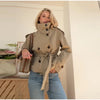 Womens Cropped Trench Coat Double Breasted Stand Collar Belted Waist Street Style Autumn Outerwear Casual Chic Shoulder Epaulets