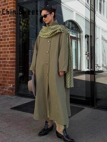 Women's Plaid Scarf Long Trench Coats Loose Stand Collar Full Sleeve Single Breasted Split Windbreaker Autumn Lady Overcoat