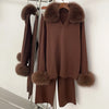 Sweater Real Fox Fur Collar Autumn Winter Clothing Women Sweater Suit Female Raccoon Fur Pullovers Trousers Set Lady