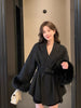 Elegant Lace Up Woolen Coat Women Furry Lapel Fur Patchwork Belt Loose Short Jacket Female Lady Autumn Winter Cardigans