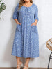 Plus Size Women's Blue White Floral Dress Tie Round Neck 3/4 Sleeve Loose