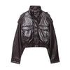 Women's Faux Leather Short Jacket Coat Long Sleeve High Collar Chic Top with Flap Pockets Female Outerwear
