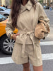 Womens Elegant Solid Two Piece Outfit Long Sleeve Belted Blazer Jacket Pleated Shorts Set Casual Loose Fit Streetwear