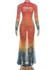 Sexy See Through Dress Women Hollow Hipster Colorful Print Stretch Skinny Midnight Party Clubwear Fishtail Bodycon