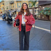 Women Dusty Pink Faux Suede Cropped Jacket Chic Full Zip Stand Collar Elastic Hem Short Coat Autumn Casual Street Outwear