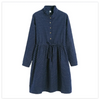 Spring Fall Mori Girl Women Loose Dress Stand Collar Polka Dot Navy Blue Mini Dress Cotton Long Sleeve Short Cute Flannel Dress