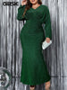 Plus Size V-Neck Long Sleeve Mermaid Hem Dress Women Autumn Evening Party Glitter High Waist Bodycon Long Dress