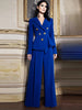 High Street Designer Blazer Suit Women's Rose Buttons Asymmetrical Blazer Straight Pants Set 2pcs