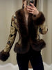 Floral Jacquard Faux Fur Trim Jacket Women V Neck Single Button Long Furry Cuff Cropped Coats Winter Vintage Party Coat