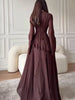 Round Neck Flared Long-Sleeve Long Gown for Women, High-Waisted with Ruffled Hem, Flowing and Elegant Floor-Length Party Evening Dress