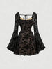 Sexy Womens Dress Temperament Embroidered Slim Elegant Evening Gown Long Sleeve Lace Strappy High Waist A-Line Vestido