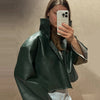 Autumn Women Croc Embossed PU Leather Jacket High Neck Zip Up Oversize Loose Cropped Coat Long Sleeve Street Lady Outerwear