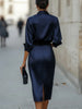 Elegant Temperament Satin Shirt Dress for Women Spring Solid Long-sleeved Blouse Dress Casual Office Lady Midi Dresses