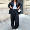 Loose Contrast Stitching Blazer Trousers Set Lapel Blazer Double Breasted Shoulder Pad Wide Leg Pants Casual Women Sets
