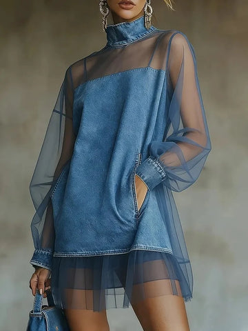 Women Stand Collar Denim Dress Organza Mesh Hem Overlay Long Puff Sleeve Pocketed Ruffle Hem Casual Streetwear Mini Dress