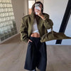 Double Zip Rib Collar Women Cropped Jacket Long Sleeve Side Pockets Loose Oversized Solid Autumn Coats Daily Chic Jackets