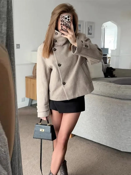 Elegant Stand Collar Short Jacket For Women Lady Outerwear High Street Long Sleeve Single Breasted Female Coats