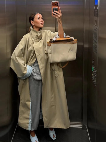 Women Trench Coat Jacket Stand Collar Single Breasted Long Oversized Coats Lightweight Windbreaker Daily Streetwear Lady