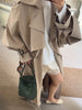 Khaki Lace Up Cape Trench Coat Loose Solid Full Sleeve Lapel Windbreaker Autumn Commute Casual Daily Coats