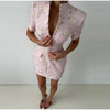 Elegant Women's Printed Buttons Short Dress Waist Cinched Shoulder Pads High Collar Dresses Autumn Lady Holiday Party Robes